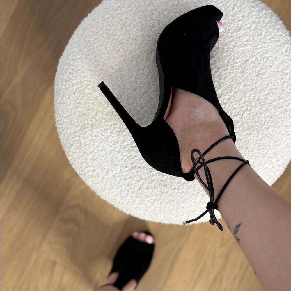 Black Lace-Up Peep Toe High Heels